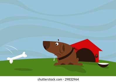 poor hungry dog sitting by its kennel and watching a bone fall