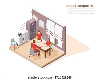 Poor Hungry Family Eating Very Small Dinner Isometric Composition 3d Vector Illustration