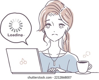 Poor internet connection, slow line, loading, laptop, PC, troubled woman, illustration material