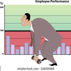 Poor job performance. Businessman unable to lift a small dumb-bell, employee performance chart on the background showing poor results