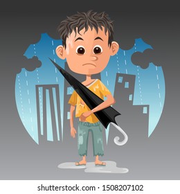 Poor kid labour get caught in rain working as umbrella rental or ojek payung in indonesia
