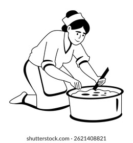 Pobre senhora cozinhando a ilustração da comida no estilo do glifo 
