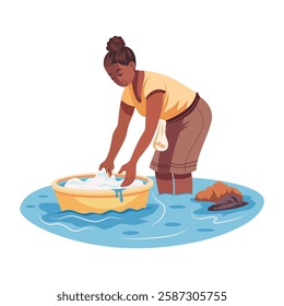 A poor lady washing clothes in river, flat illustration 
