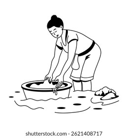 A poor lady washing clothes in river, glyph illustration 
