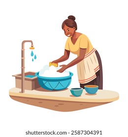 A poor lady washing dishes illustration in flat style 
