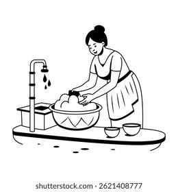 Uma pobre senhora lavando pratos ilustração em estilo glifo 
