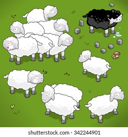 Poor little black sheep gets dissed by the whole flock of fellow sheep(isometric illustration)