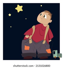 A poor little cloud boy in rags with scarves holds a typewriter on a rope and looks dreamily at the bright stars