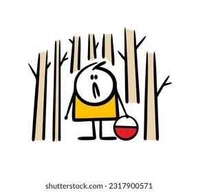 The poor little girl got lost in the forest among the trees. Vector illustration of a child alone picking mushrooms and berries. Cartoon stickman isolated on white background.