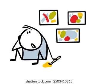 Poor loser artist is sitting on the floor near his paintings. Vector illustration of cartoon stickman and Museum of Modern Art.   Abstract art is not selling well.