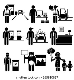 Poor Low Class Jobs Occupations Careers - Toll Booth Collector, Data Entry, Warehouse Worker, Ticket Attendant, Car Wash, Lobby Counter, Valet Parking, Mascot, Clown - Stick Figure Pictogram