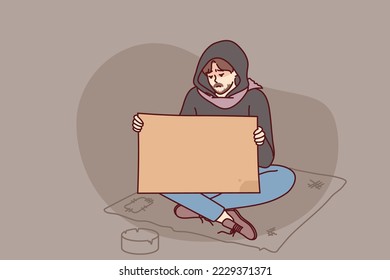 Poor man begging on street holding mockup board or paper. Unhappy male beggar suffer from poverty with placard in hands. Vector illustration. 