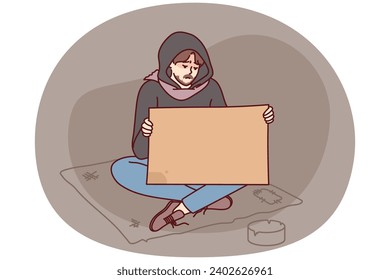 Poor man begging on street holding mockup board or paper. Unhappy male beggar suffer from poverty with placard in hands. Vector illustration.