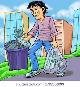 Poor man collect trash from dustbin for recycle or sell.