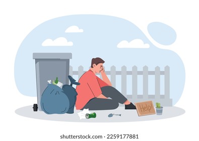 Poor man concept. Young guy sitting on street near dumpster and trashcan. Bankruptcy and economic crisis, upset business, unemployment. Homeless person, beggar. Cartoon flat vector illustration