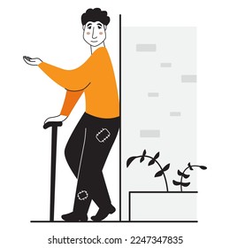 Poor man in dirty rags in hand begging.Homeless and jobless beggar male.Street beggar.The guy begs for alms.Doodle man face.Hand-drawn people.