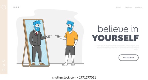 Poor Man Dream to Become Wealthy Businessman Landing Page Template. Male Character Looking in Big Mirror See himself as Successful Businessman Wearing Expensive Suit. Linear Vector Illustration