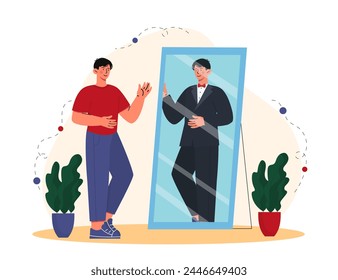 Poor man dream. Guy standing and looking at her reflection in black suit. Upset and frustrated person think about wealth. Cartoon flat vector illustration isolated on white background