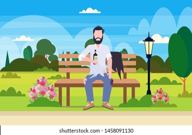 poor man drunk beggar sitting on wooden bench holding bottle of alcohol homeless jobless concept city urban park landscape background full length flat horizontal