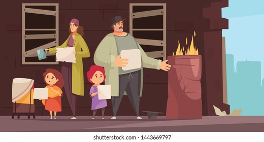 Poor Man Family With 2 Little Kids Begging Foor Food Money On Street Flat Horizontal Vector Illustration