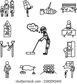 Poor man fined money icon in a collection with other items
