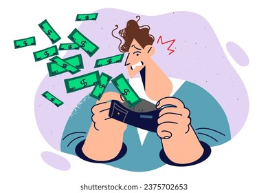 Poor man looks into wallet with money flying out and cannot control own expenses due to lack financial literacy. Poor guy needs help of accountant to solve problems with uncontrollable loss of wages