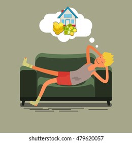 Poor man lying on the couch and dreaming. Flat design, vector illustration.