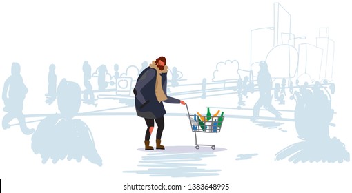 poor man pushing trolley cart with colorful empty bottles guy walking street begging for help out from crowd homeless concept people silhouette background horizontal