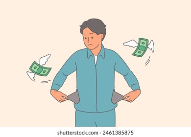 Poor man is sad because of empty pockets and lack of money for purchases, as metaphor for bankruptcy. Financial crisis and inflation cause stress for poor guy needing unemployment benefits