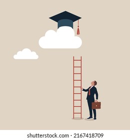 Poor man with too short ladder to climb high graduation mortar board on the cloud. Education cost, expensive school or university cost, education gap or scholarship opportunity.