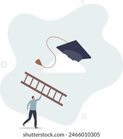 poor man with too short ladder to climb to reach high graduated mortarboard on the cloud.flat vector illustration.