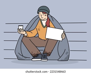 Poor man sit on street with mockup placard ask for money. Unhappy male beggar suffer from poverty. Vector illustration. 