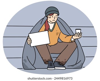 Poor man sit on street with mockup placard ask for money. Unhappy male beggar suffer from poverty. Vector illustration.