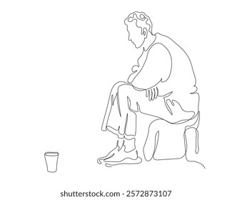 Poor man sitting with glass to ask for money donation. Continuous line drawing. Black and white vector illustration in line art style.