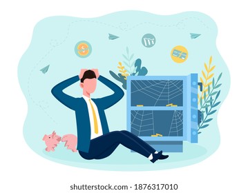The poor man sitting near an open empty safe with only spider web inside. Concept of bankruptcy and financial crisis. Flat cartoon vector illustration