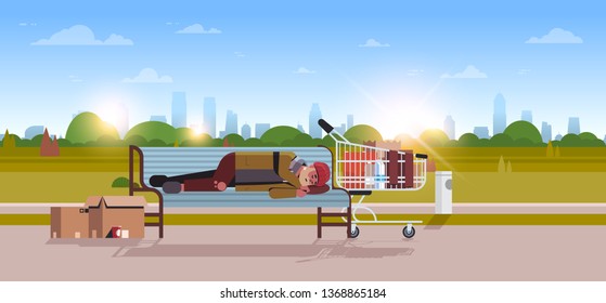 poor man sleeping outdoor drunk beggar lying on wooden bench homeless concept city park landscape sunrise background horizontal full length