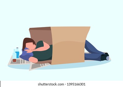 poor man sleeping outdoor drunk beggar lying in cardboard box homeless concept male cartoon character flat horizontal full length