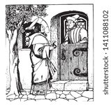 A poor man talking to another man standing at door, vintage line drawing or engraving illustration