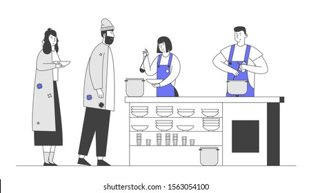 Poor Man and Woman Stand in Queue for Getting Food in Shelter for Homeless, Emergency Housing, Temporary Residence for People, Bums and Beggars Without Home. Cartoon Flat Vector Illustration, Line Art