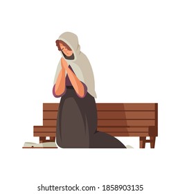 Poor medieval woman on her knees cartoon vector illustration