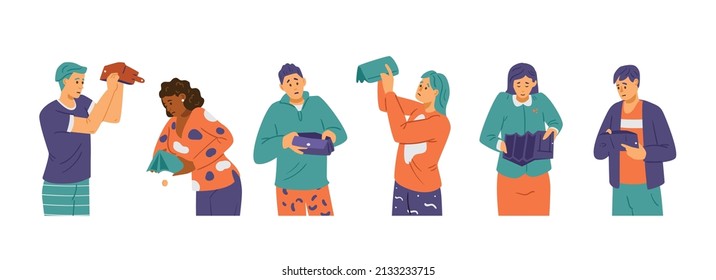 Poor men and women holding empty wallets set. People have no money and overcoming financial problems or bankruptcy, flat vector illustration isolated on white background.