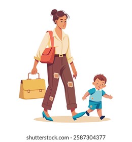 Poor mother going to work with her kid illustration in flat style 
