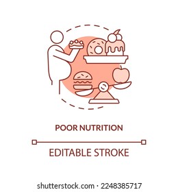 Poor nutrition red concept icon. Unhealthy diet. Chronic disease risk factor abstract idea thin line illustration. Isolated outline drawing. Editable stroke. Arial, Myriad Pro-Bold fonts used