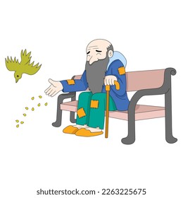 the poor old man was sitting in the garden feeding the birds. vector design illustration art