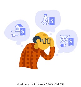 Poor Old Man Thinking About Expenses, Home Budget Considering, Scratching Head, Financial Issues, Paying Bills Difficulties, Worried Person, Vector Flat Illustration