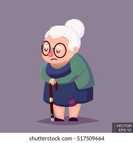 Poor Old Woman In Old Clothes With Cane And Glasses