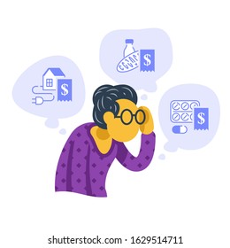 Poor Old Woman Thinking About Expenses, Home Budget Considering, Scratching Head, Financial Issues, Paying Bills Difficulties, Worried Person, Vector Flat Illustration