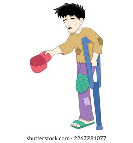 ein armer einbeiniger lahme junger Mann lief bettelnd. Vektordesign-Illustration