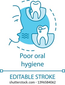 Poor oral hygiene concept icon. Dentistry patient problems. Bad breath, tooth decay and cavities. Stomatological diseases idea thin line illustration. Vector isolated outline drawing. Editable stroke
