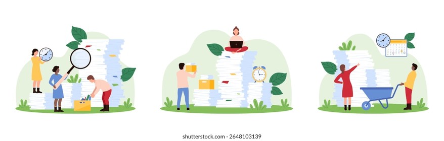 Má organização da papelada, burocracia. Minúsculas pessoas trabalham com pilha de documentos em papel, muitos livros de fichários e resmas confusas de folhas de forma a organizar arquivos ilustração de vetor de desenhos animados